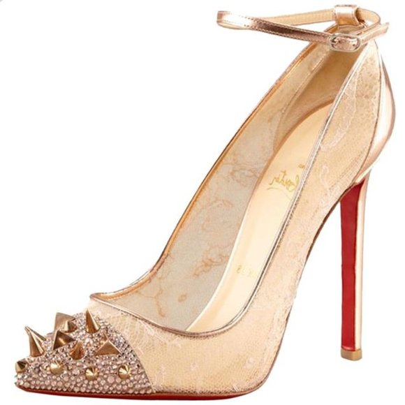 Christian Louboutin Gold Picks & Co Potpourri Spiked Toe & Lace Red Sole Pump - Picture 2 of 13